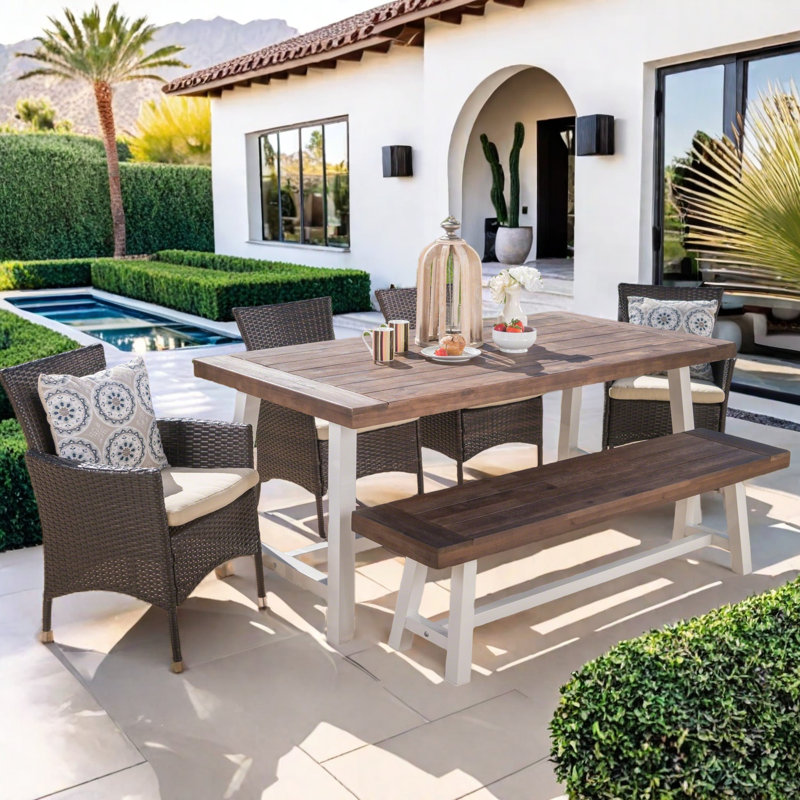 Lebo 6 - Person Acacia Wicker Patio Dining Set with Rectangular Table, Dark Brown/White