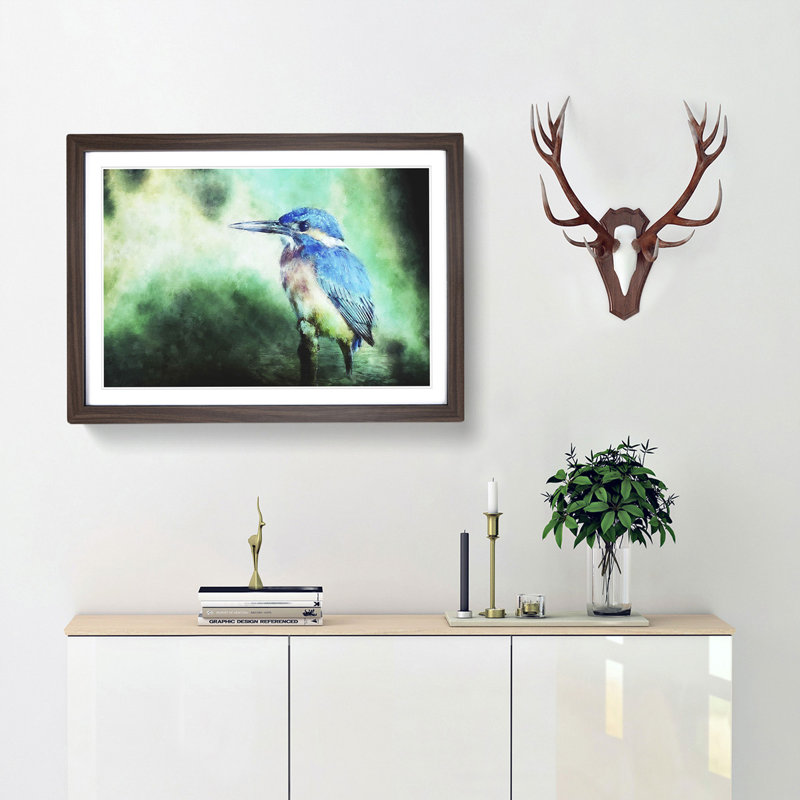 The Kingfisher Bird Looking West - Single Picture Frame Painting on MDF, 62cm H x 87cm W x 2cm D, Walnut