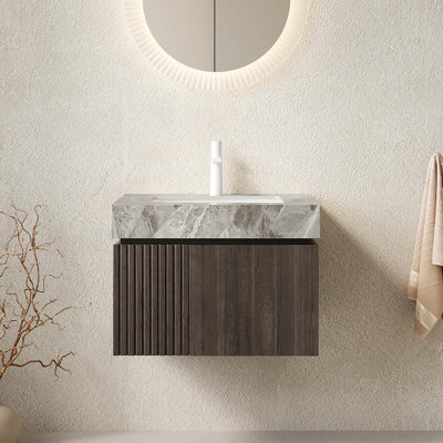 Meuble-lavabo de luxe flottant avec comptoir en pierre frittée et rangement à fermeture en douceur
