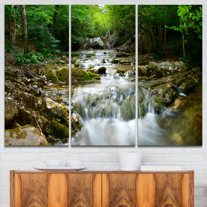 Natural Spring Waterfall Landscape Canvas Print in 3 Panels