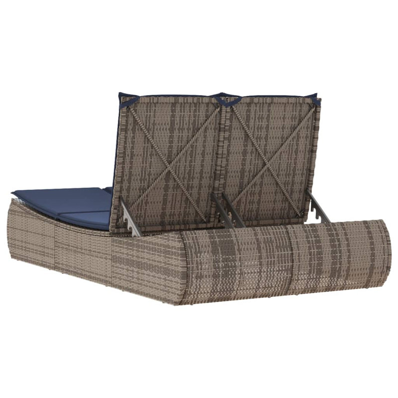  Double Sun Lounger With Cushions Gray Poly Rattan, Navy Cushion/Gray Frame