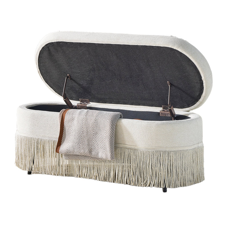 Revêtement ovale rembourré avec structure en métal, L 39 po x l 16 po x H 17 po, tissu beige, couvercle relevable, rangement dissimulé, multifonctionnel pour une utilisation dans la chambre à coucher