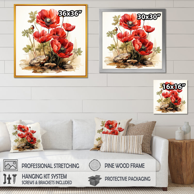 Red Serene Poppy Meadows II - Art mural coquelicot, Cadre flottant brun, H 30 po x l 30 po x P 1,5 po