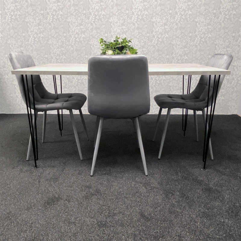 Dining Table with Hairpin Legs & 4 Velvet Chairs Set for Kitchen & Dining Room, 75cmH x 117cmL x 77cmW, Grey 