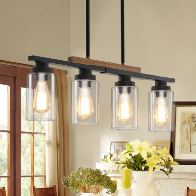Farmhouse Kitchen Island Pendant Lighting, 5-Light Linear Chandelier With Adjustable Height And Glass Shades For Dining Room, Living Room, And Restaurant