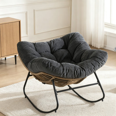 Oversize Egg‑Shaped Wicker Rocking Chair, Papasan Rocker with Thick Soft Fabric Cushion, Powder‑Coated Metal Frame, Anti‑Slip Foot Pads, Indoor Outdoor Rocking Chair for Porch, Balcony, Living Room & Bedroom