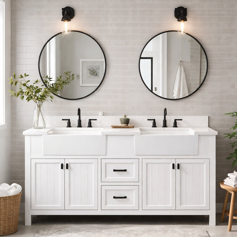  Rojmen 60'' Freestanding Double Bathroom Vanity with Engineered Stone Top