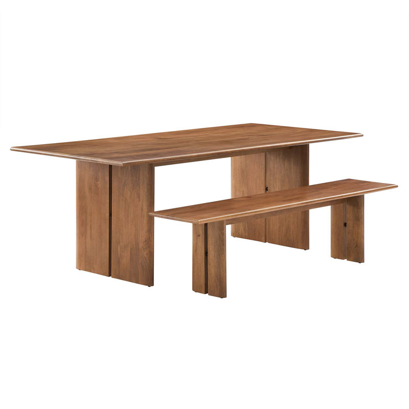 Modway Amistad Wood Dining Table and Bench Set, Walnut, 30" H x 54" L x 86" W