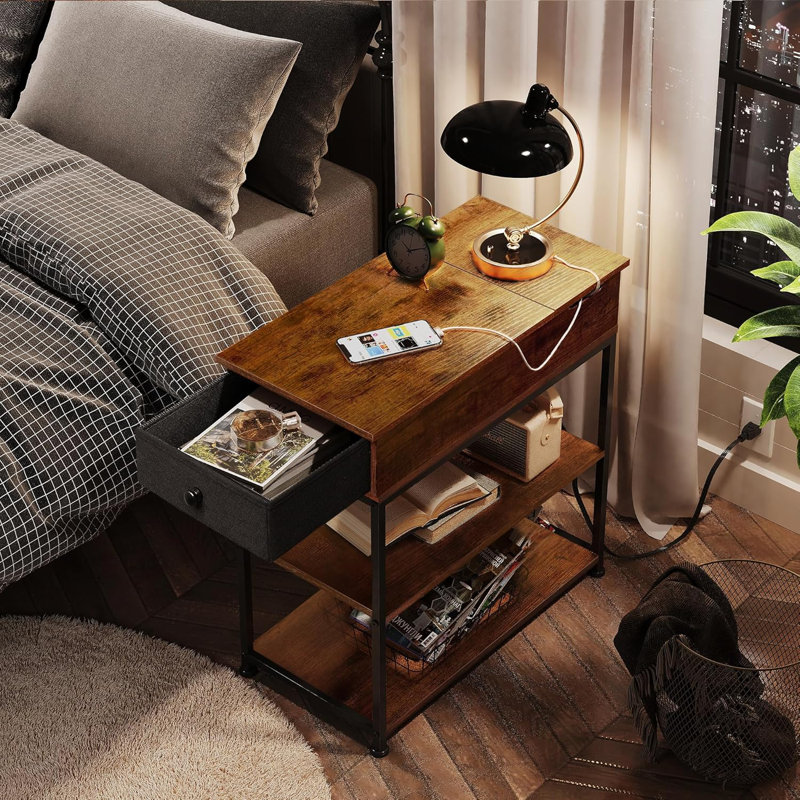 Narrow Side Table With Charging Station, End Table, Couch Table With Fabric Drawer For  For Living Room, Bedroon