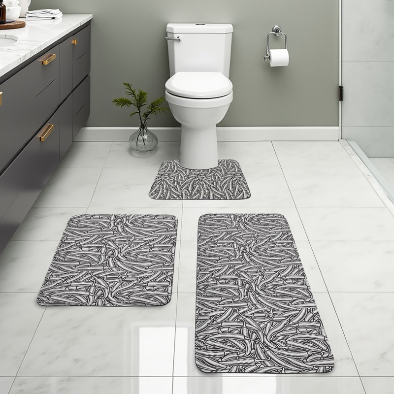 Food Bathroom Rug Set 3 Pieces U-Shape & Rectangle Mats Charcoal Grey and White