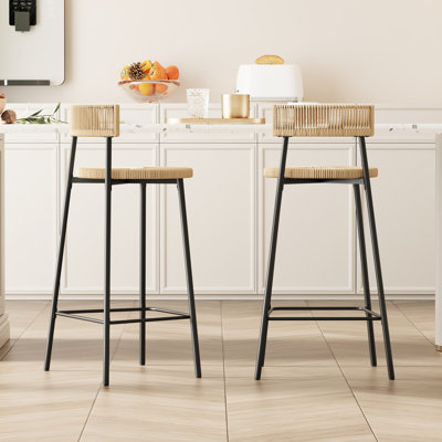 2 pièces tissées à la main, assise en corde de papier, base en métal noir, ton miel, repose-pieds, siège d'une hauteur de 26,57 po, pour la cuisine et les espaces repas