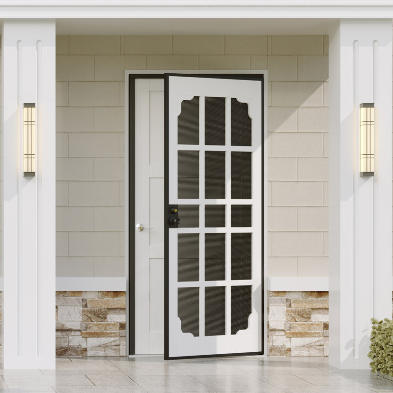 Porte d'entrée de sécurité - Panneau gris clair avec filet de ventilation en acier bronze, conception moderne à 15 grilles, verrouillable à deux trous