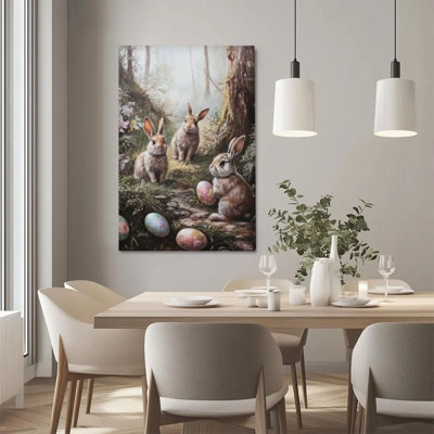 1Pc Pâques impression sur toile encadrée lapin de Pâques, forêt d'oeufs colorée, peinture à l'huile réaliste de style art mural - prêt à accrocher - décor chrétien moderne, parfait pour la décoration de salon, le bureau de chambre à coucher, la décoration intérieure, l'art biblique