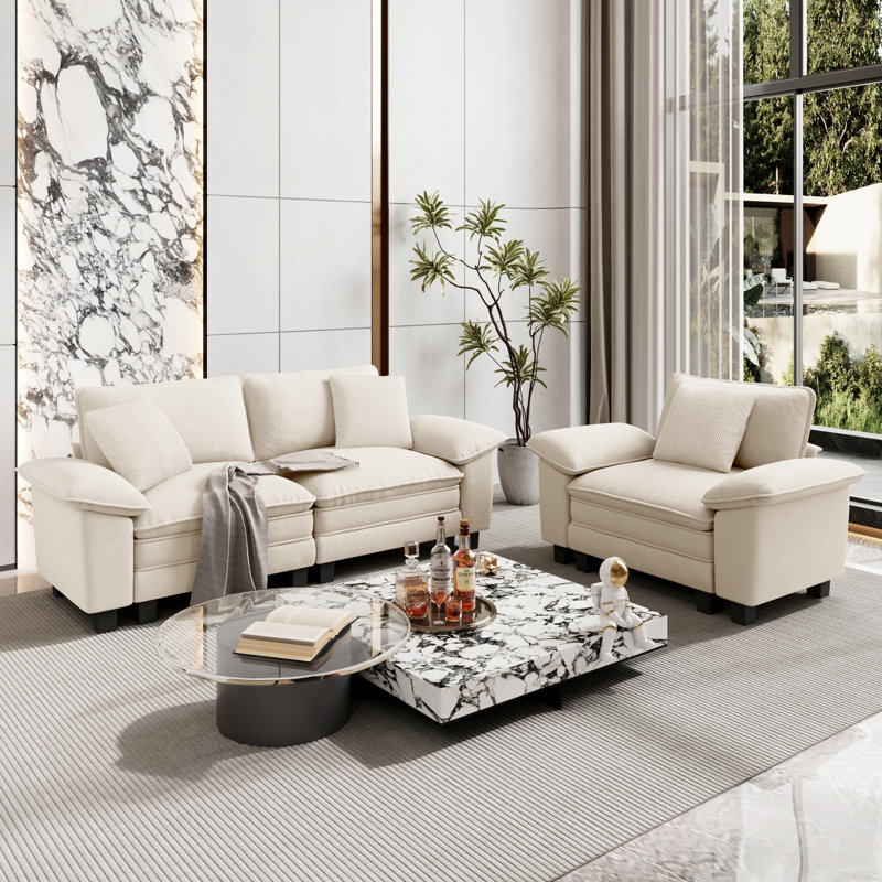 Ensemble de canapé modulaire rembourré 2 pièces, ensemble de canapé surdimensionné avec causeuse et fauteuil, Chenille ivoire