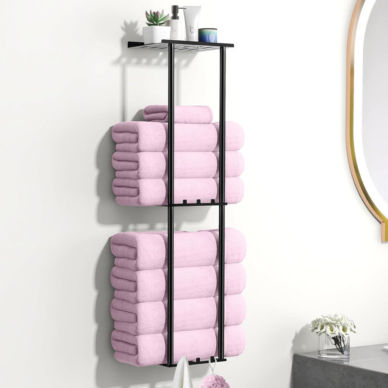Porte-serviettes mural à 3 niveaux avec 6 crochets - Organisateur de porte-serviettes peu encombrant, Nickel brossé