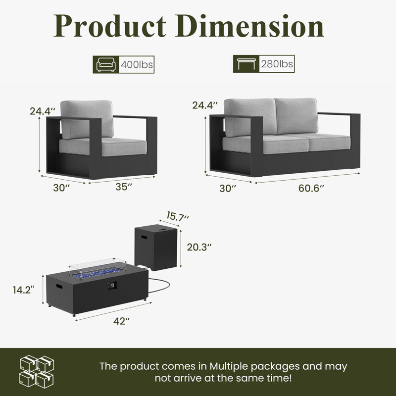 Modern Outdoor Aluminum 4-piece Conversation Set With Firepit Table, Gray Cushion/Black Frame