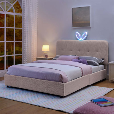 Lit tapissier pour enfants avec tête de lit à oreilles en lapin, lumière DEL et 4 tiroirs de rangement, tissu Boucle (84,5 po x 62,75 po x 41 po)