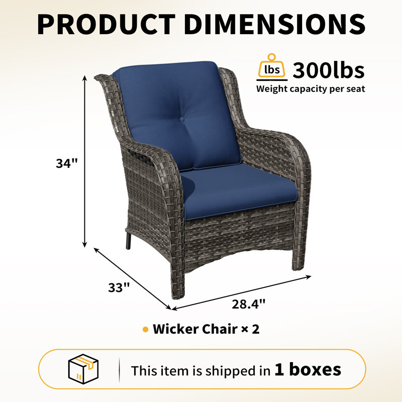 Outdoor Wicker Patio Chairs Set of 2, High-Back Deep Seating with Thickened Olefin Cushions, Wide Curved Armrests, Hand-Woven PE Rattan for Porch, Deck – Blue