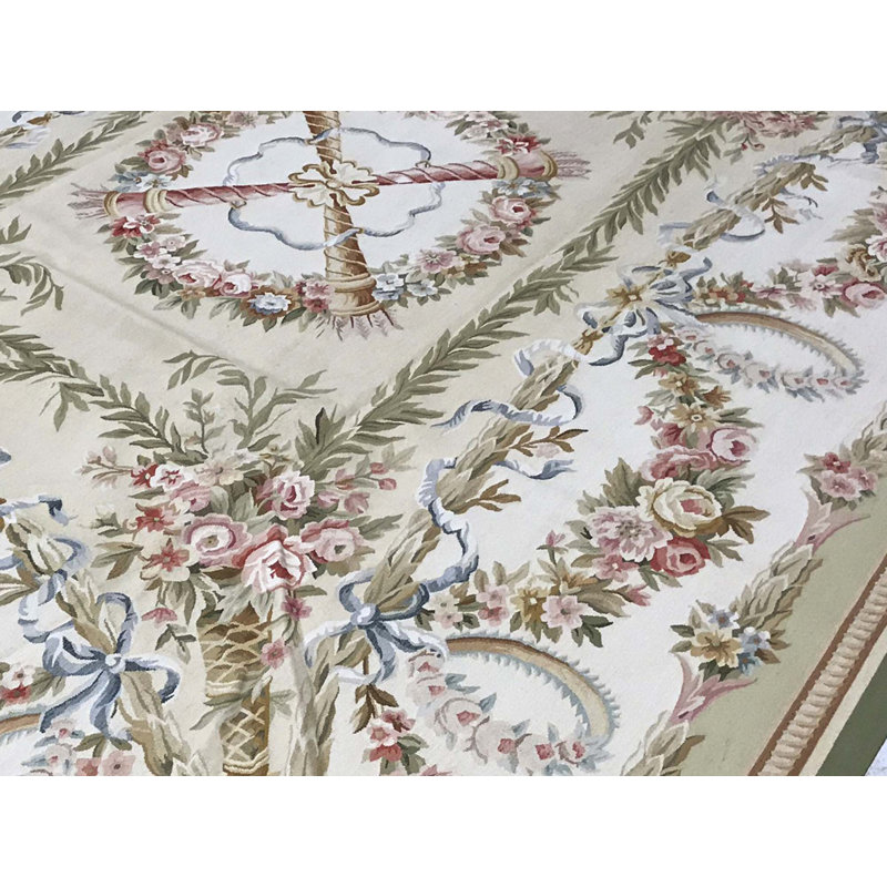 Hand-Knotted High-Quality Ivory and Green Area Rug