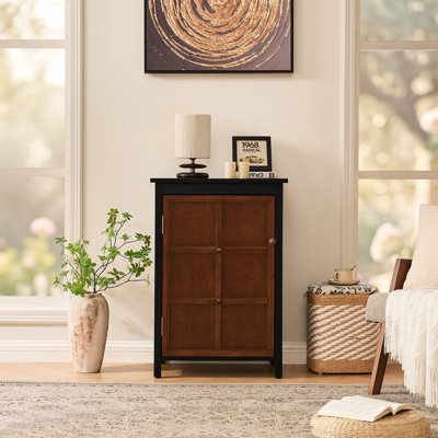 Grande armoire de plancher moderne Mid-Century 23,6 x 15,75 x 34,2 po en bois aggloméré noyer + noir avec tablette réglable pour la cuisine du vestibule