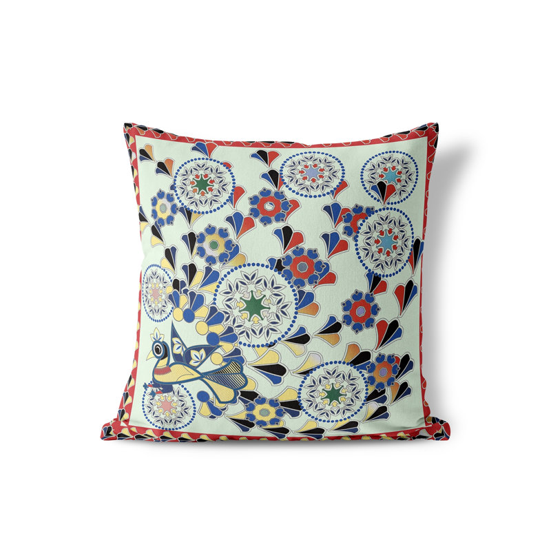 Leafy Peacock Circles Floral Outdoor Reversible Throw Pillow, 16" x 16"