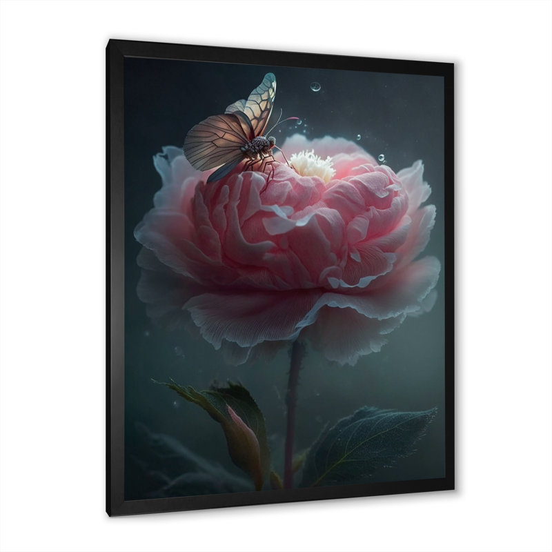 Fleur rose avec papillons en fleurs - impression, Cadre photo noir, H 20 po x l 12 po x P 1 po