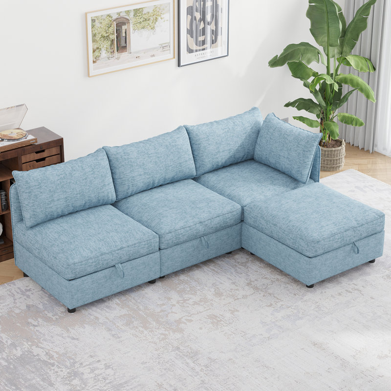 Canapé modulaire 4 places modulaire avec rangement caché, canapé convertible avec coussins moelleux, Polyester bleu