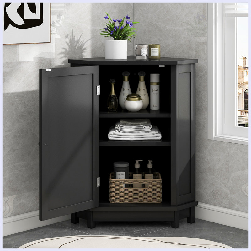Bathroom Cabinet Triangle Corner Storage Cabinet with Adjustable Shelf, Black