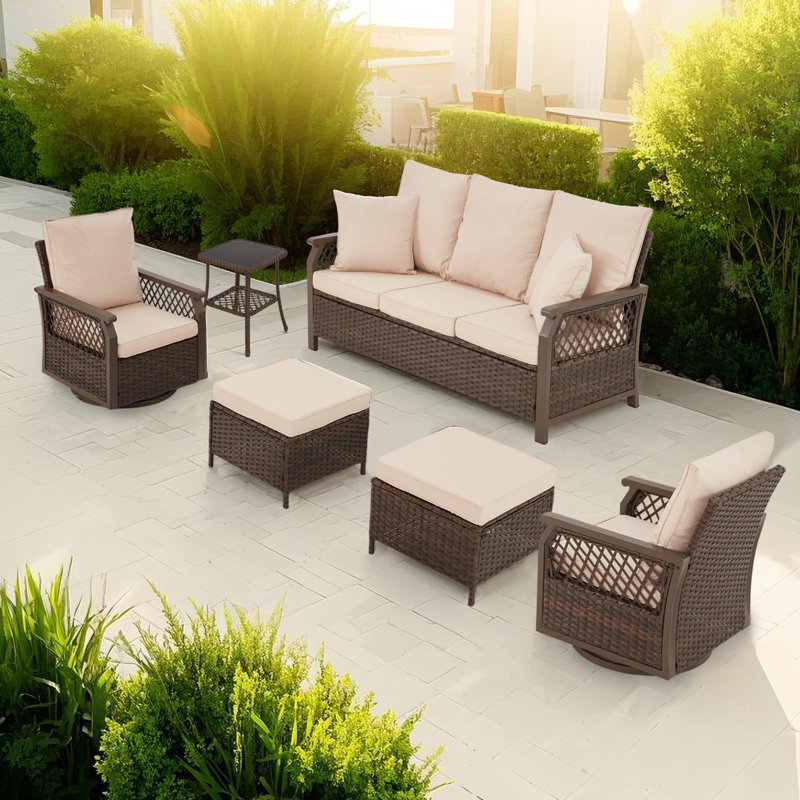 6 Piece Outdoor Patio Furniture Set, Beige, Brown
