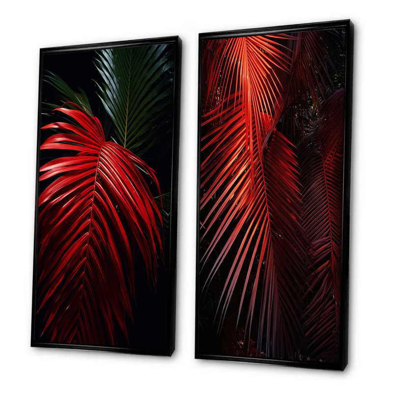 Ensemble de 2 reproductions d'art sur toile monochromes rouges - palmiers et palmiers, Cadre flottant noir, H 40 po x l 41 po