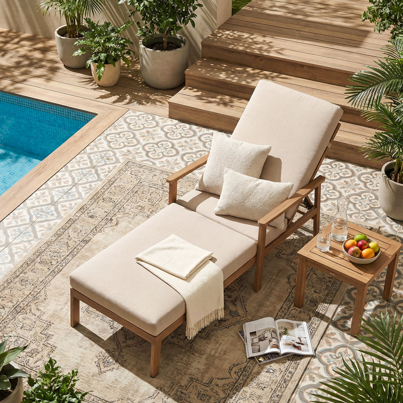 Ensemble de 2 chaises longues d'extérieur de style teck avec table d'appoint, chaises de piscine réglables en aluminium