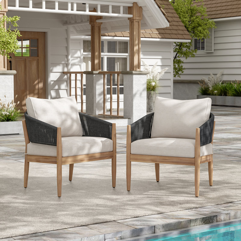 Verona Outdoor Patio Acacia Wood Club Chair, Natural Finish Wood, Beige Cushion, Black Rope, Set Of 2, Black