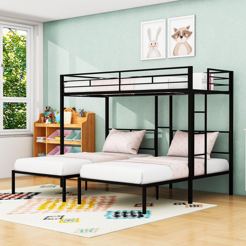 Twin Over Twin And Twin L-Shaped Triple Bunk Bed With Built-In Side Table