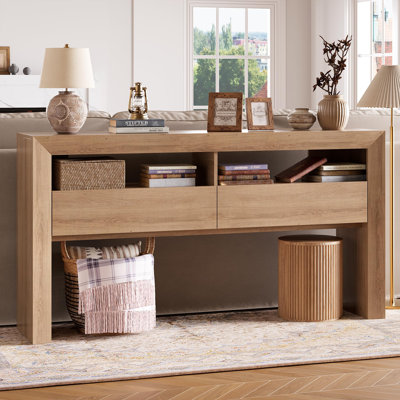 Console de 63 po de long avec 2 tiroirs - Table d'entrée de style campagnard avec tablettes de rangement ouvertes, canapé-lit étroit derrière le canapé du salon, couloir, vestibule, chêne brun