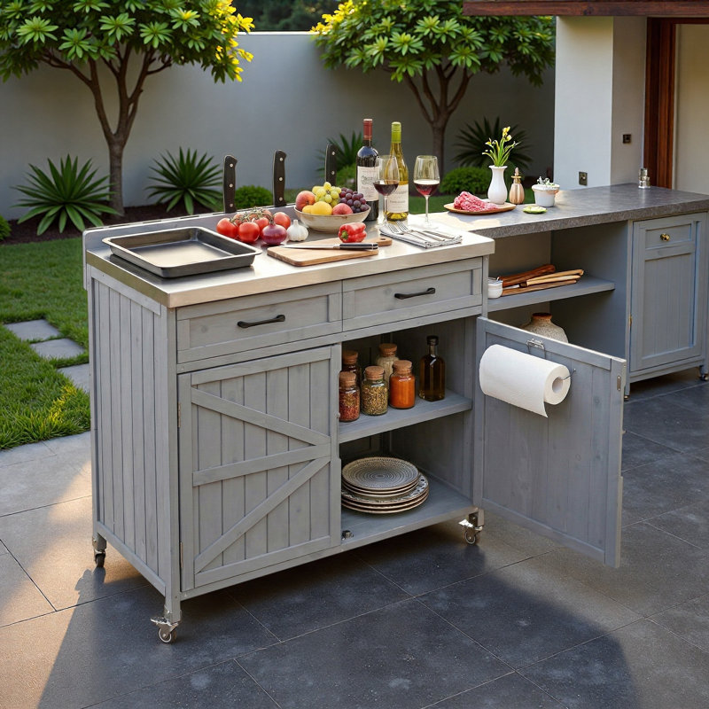Îlot de cuisine extérieur avec plateau en acier inoxydable, grand tiroir, tablettes réglables, supports de rangement internes et 4 roulettes