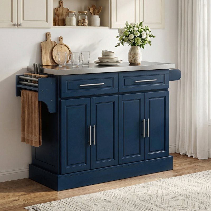 Rolling Island With Wheels For Kitchen, Portable Kitchen Island With Stainless Steel Top, Adjustable Shelves, 2 Drawers, Spice, Knife And Towel Rack