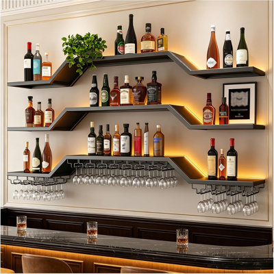 3-Tier Modular Wine Rack Wall Mounted,Move Individual Shelf with LED Lights | 70.8in Black Modern Wall Bar Shelves with Glass Holder, Liquor Bottles F