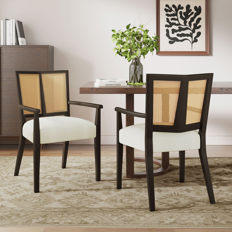 Chaises de salle à manger en bois Jad avec dossier en rotin de polyéthylène, Beige, Marron foncé