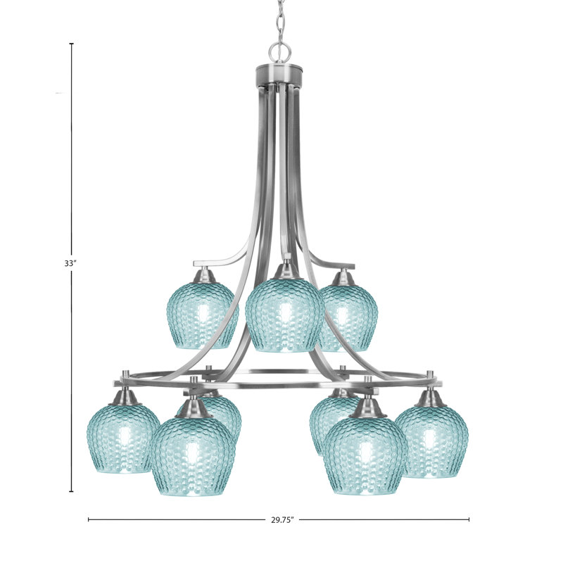 Lustre en cristal 6 lumières à finition nickel brossé 6 lumières Mukkesh, Sarcelle, Nickel brossé