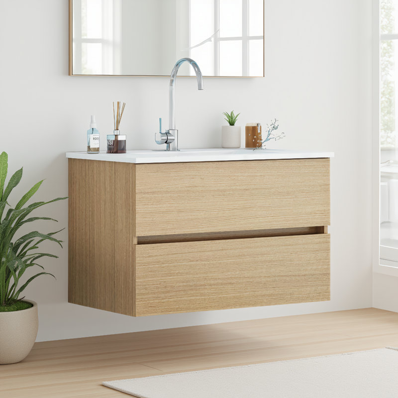 Meuble-lavabo mural 32 pouces avec tiroirs doubles, Naturel