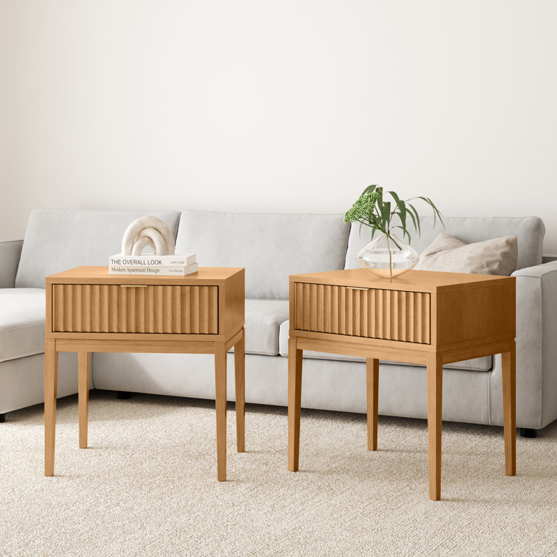 Boho Fluted Wood Nightstand Or End Table, Warm Pine