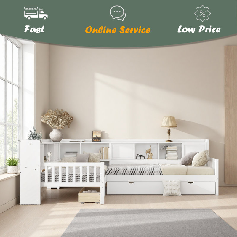 Lit plateforme en L simple avec lit gigogne, lit plateforme en bois massif avec tiroirs de rangement et tablettes, aucune boîte à ressorts nécessaire