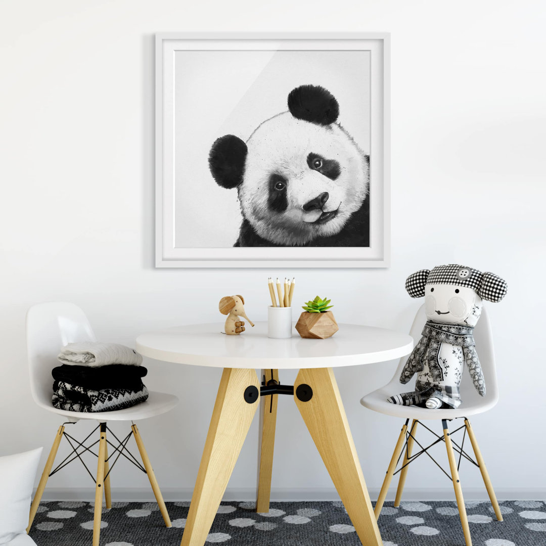 Gerahmter Grafikdruck Illustration Panda in Schwarz/Weiß