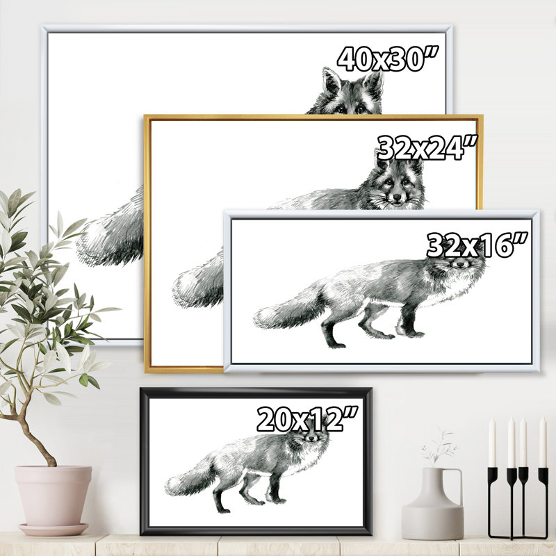 Portrait d'un renard monochrome - reproduction sur toile, Toile encadrée d'or, H 30 po x l 40 po x p 1 po