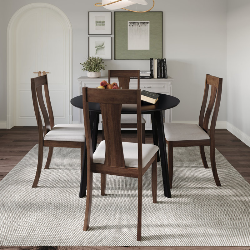 5-Piece Dining Set With Black Round Table And Brown Upholstered Center Splat Back Chairs, Brown