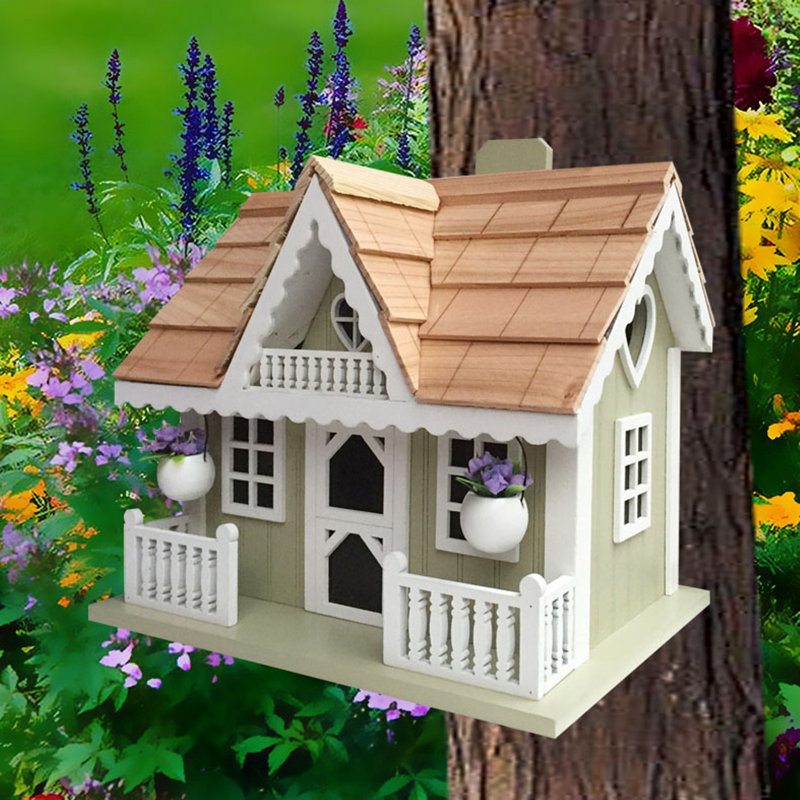 Rosemary Green and White Wooden Cottage Birdhouse