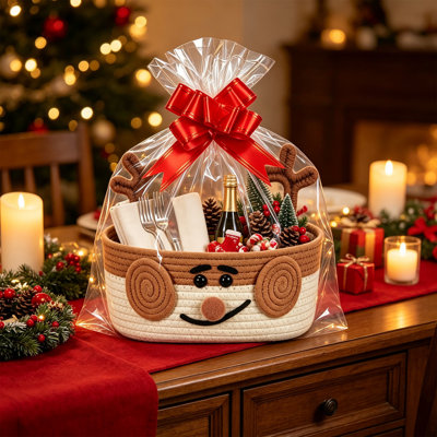 Christmas Decor Christmas Woven Gift Basket Rope Storage Basket With Gift Bag And Bow For Holiday Gift Giving Home Tabletop Decor