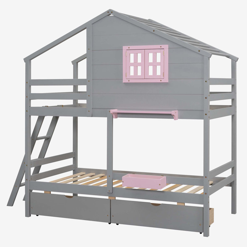 Vandenbosch Kids Twin Over Twin Bunk Bed with Drawers, Gray