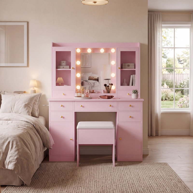Durnan Vanity & Stool ,LED Lights And Power Outlet, Bedroom Makeup Vanity Table With 2 Glass Storage Cabinet And 7 Drawers
