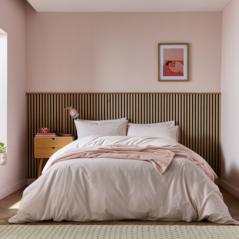 Twill Stripe Duvet Cover Set, Pink Striped, Kingsize Duvet Cover + 2 Pillowcases